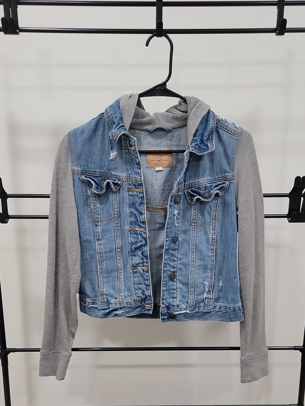 Hollister Blue Denim Jacket with Gray Knit Sleeves & Hood